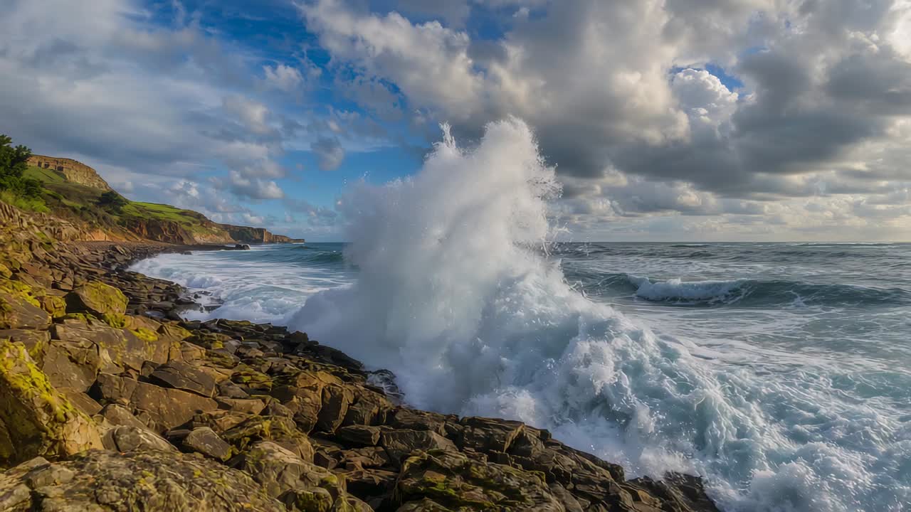 Rolling ocean waves crashing against rocky coast at cliff, with white foam washing under clouds