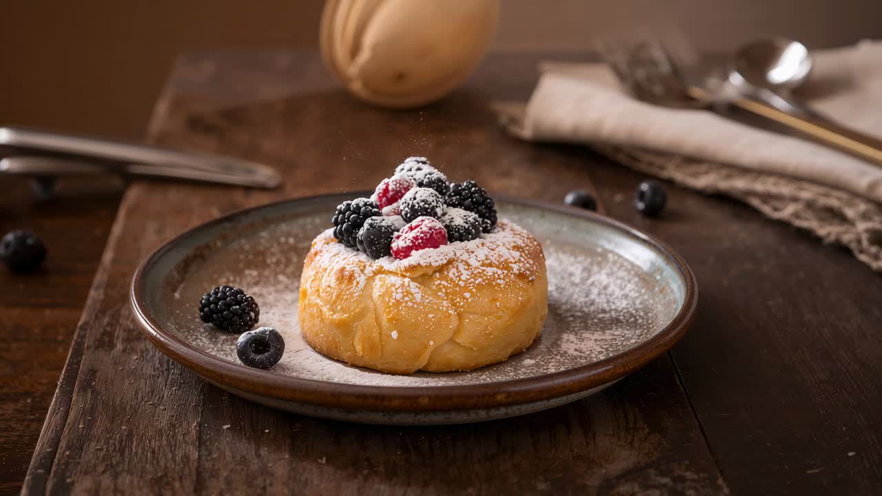 Hand sifting sugar over brioche pastry centered on board with blackberry, raspberry for garnish
