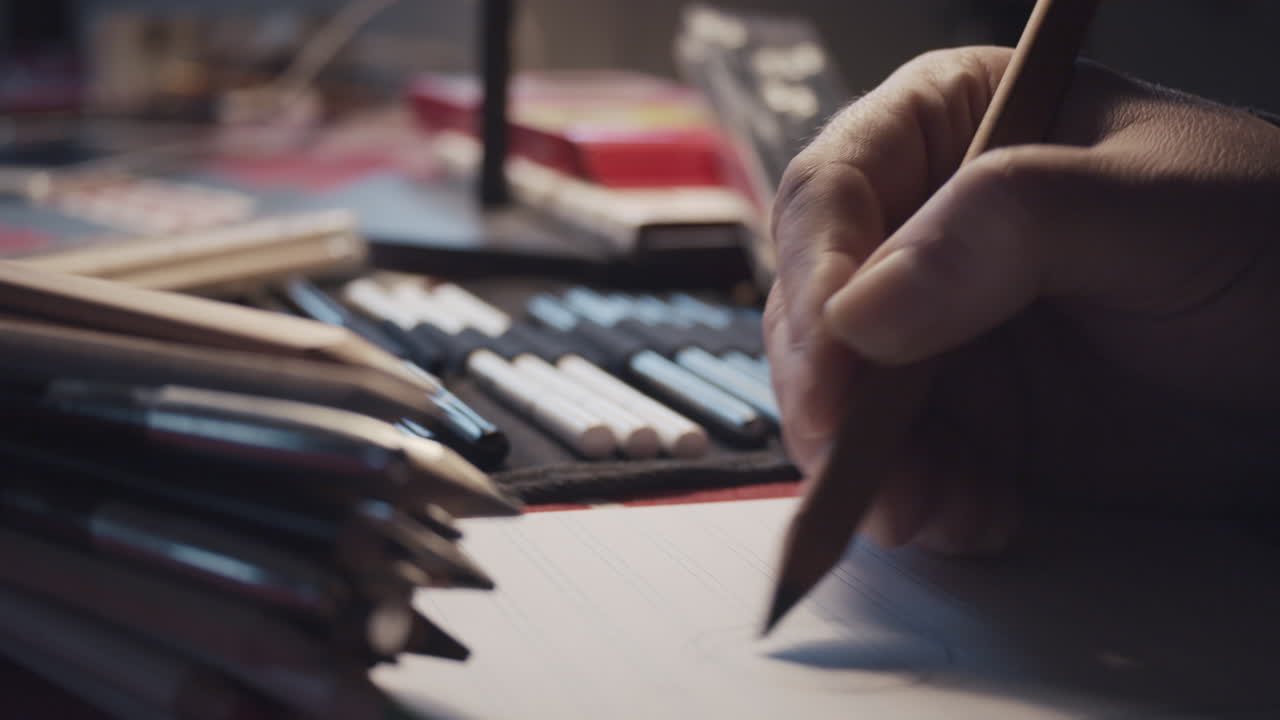 esbozo o dibujo de diseñador, usando lápiz en la mano, espacio de trabajo y escritorio en segundo plano