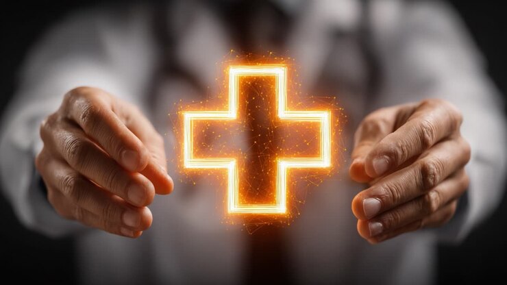 Hænder, der rækker ud efter et glødende medicinsk korssymbol, der repræsenterer sundhedspleje, velvære og medfølelse inden for moderne medicinsk praksis, hvilket understreger vigtigheden af pleje og support