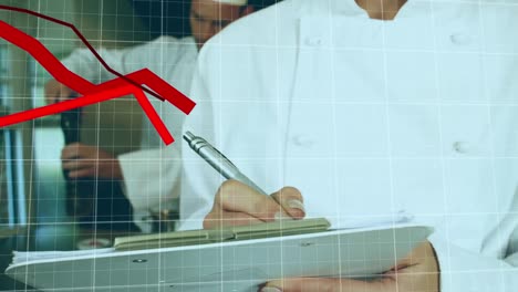 Animation-of-statistical-data-processing-over-caucasian-male-chef-writing-on-clipboard-in-kitchen