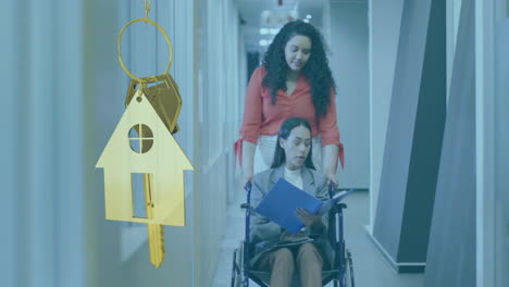 animation of gold house key and key fob over biracial woman in whellchair