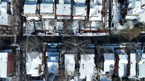 vista de pájaro de una calle cubierta de polvo de nieve alineada con casas y árboles desnudos
