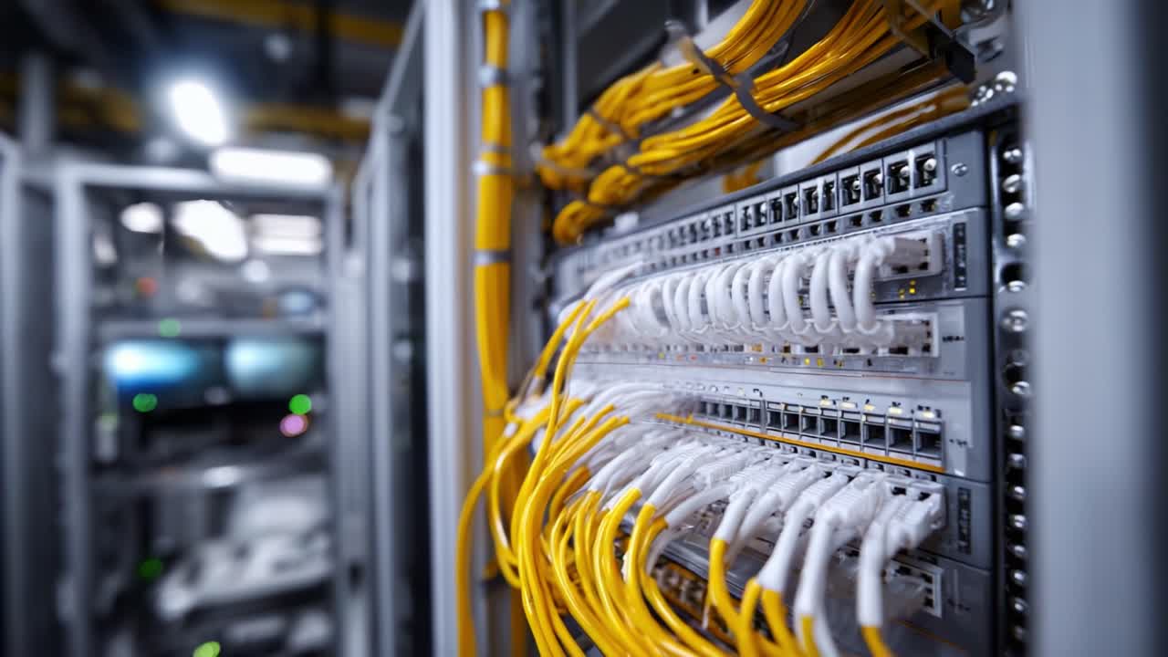 View of a high-tech server room showcasing complex network cabling and connections, illustrating modern data infrastructure and management systems in operation