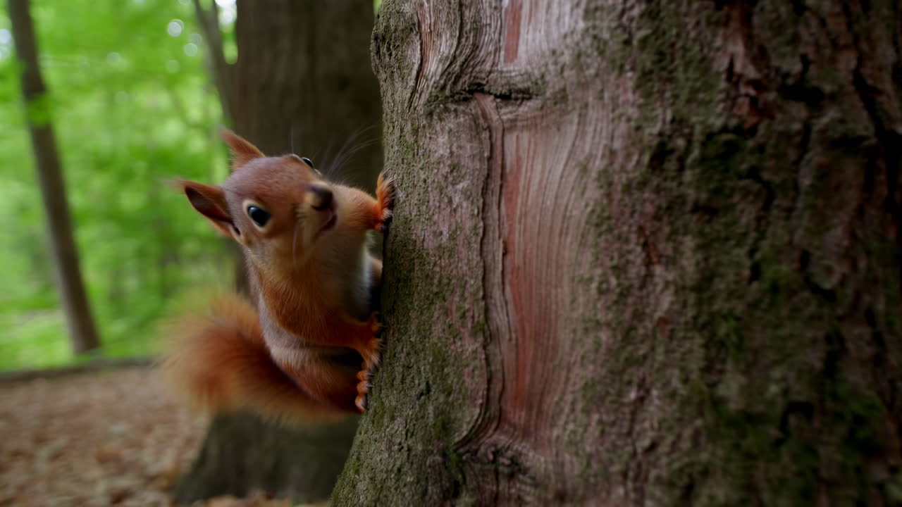 Curious Red Squirrel Clinging to a Tree Trunk in a Green Forest