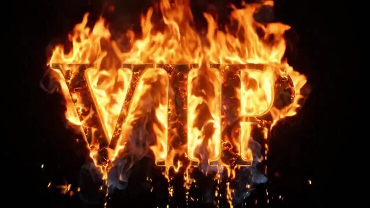 Flammende repræsentation af VIP-status: En iøjnefaldende fremvisning af ild, der omslutter bogstaverne, som symboliserer særpræg og prestige.