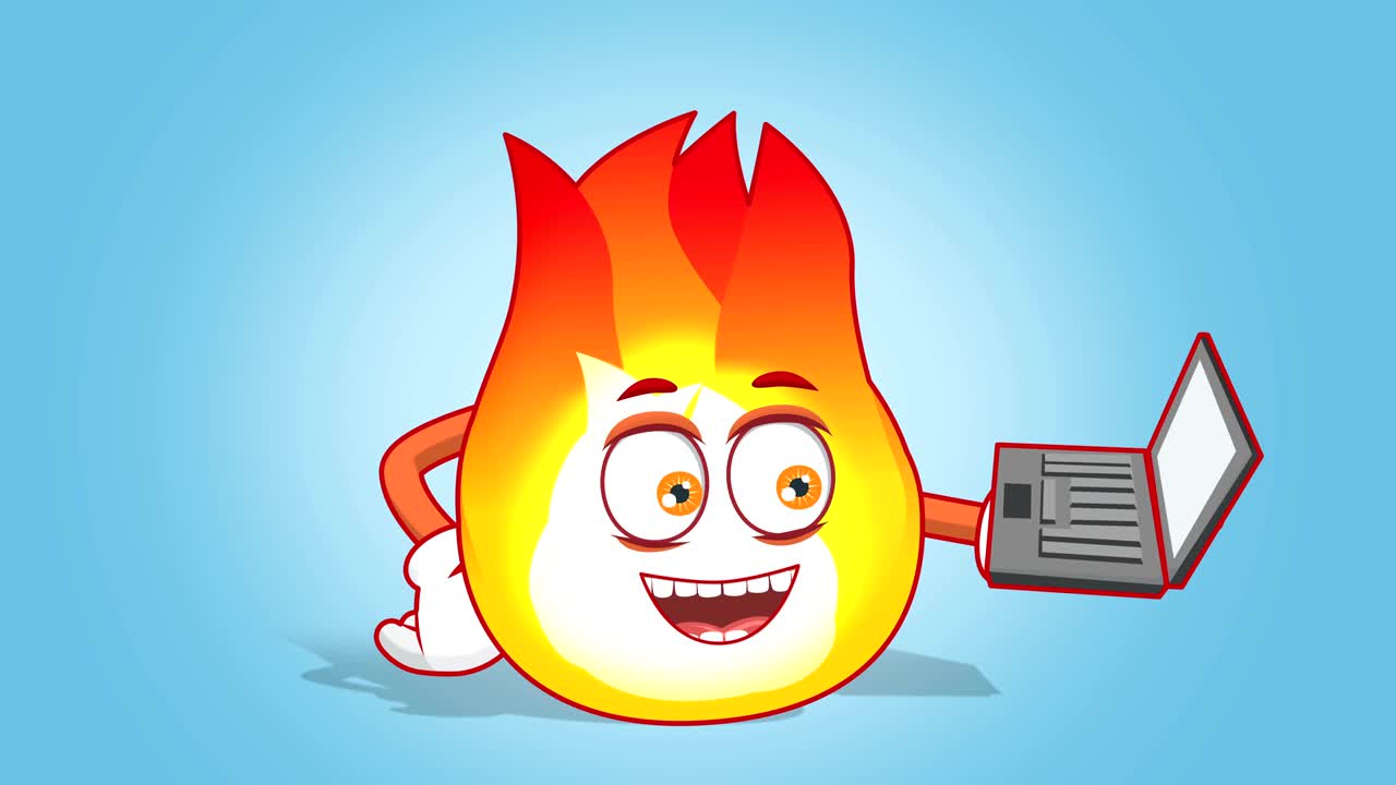 laptop de llama de fuego de dibujos animados en la mano con animación facial alfa mate