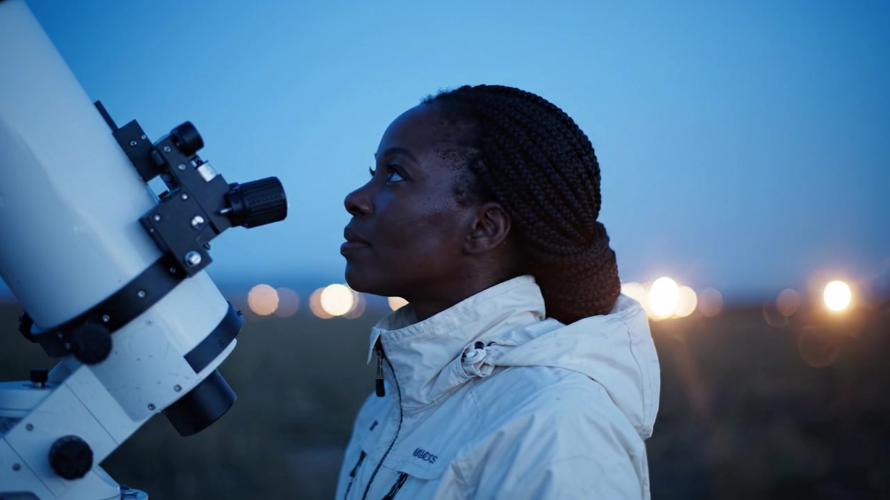 A Woman Observing the Night Sky Through a Telescope: Capturing the Beauty of Stars and Planets in the Darkness of Evening