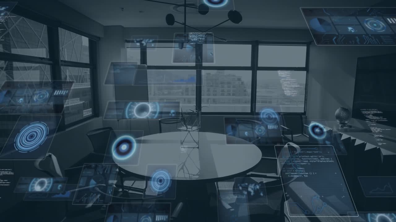 여러 둥근 스캐너의 애니메이션과 빈 사무실에 대한 데이터 처리