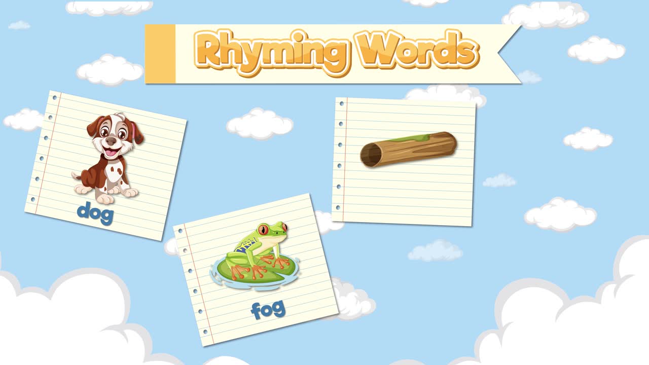 Animated flashcards teach rhyming words dog, fog, log, and hog against ...
