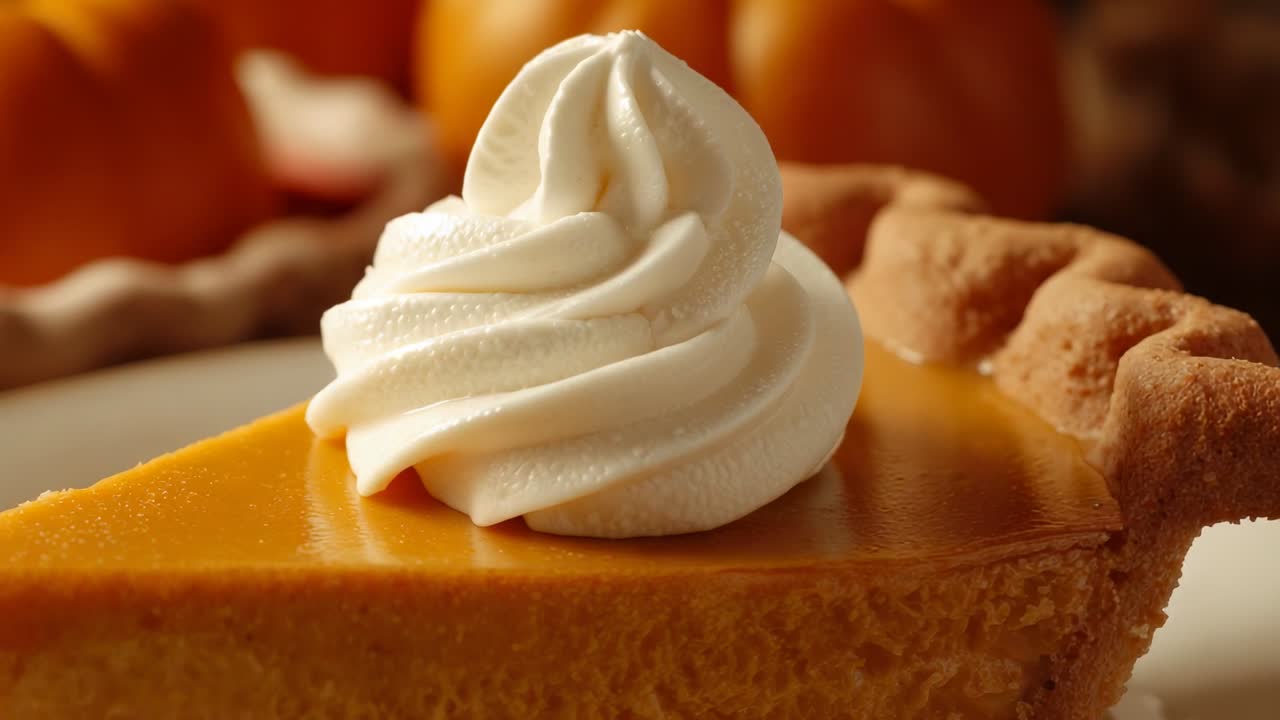 Panning camera revealing pumpkin pie topped with cream swirl on kitchen table with pumpkin prop