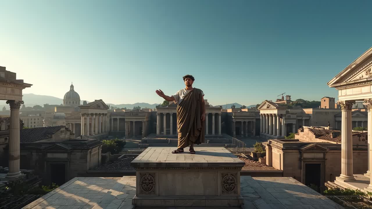 Beginning speech, actor in toga raising right arm while orating on stone plinth in Roman forum