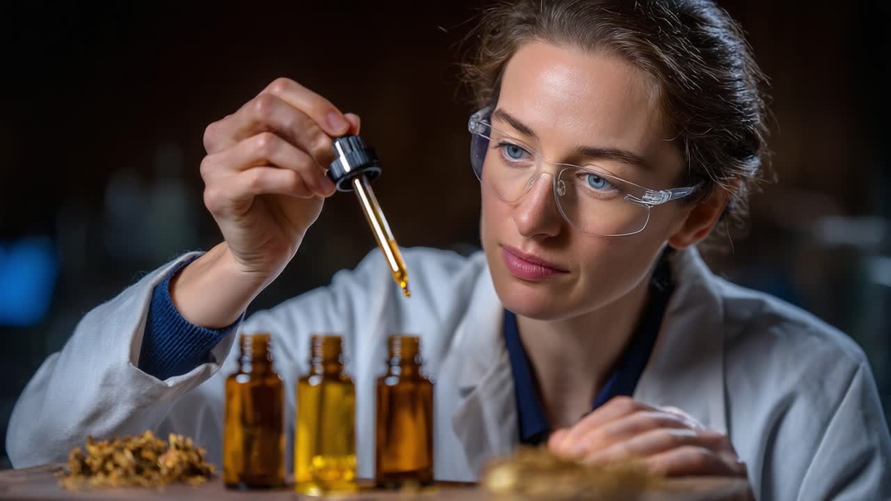 A focused researcher carefully measures a precise amount of liquid using a dropper, preparing samples in amber bottles, showcasing the meticulous nature of laboratory work