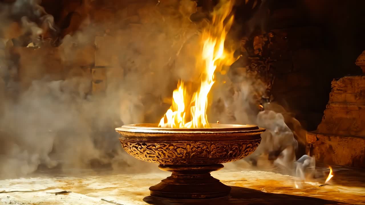 돌 바닥 의 중간 에 있는 큰 불