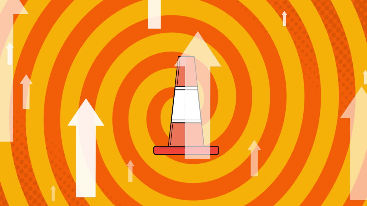 나선형 배경 위에 화살표와 도로 콘의 애니메이션