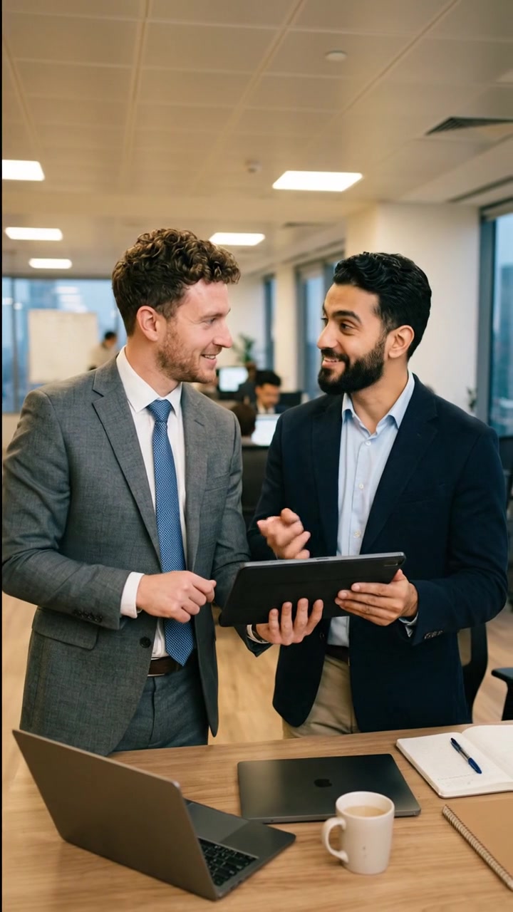 Colleghi di lavoro che esaminano documenti digitali su un tablet in un ufficio moderno