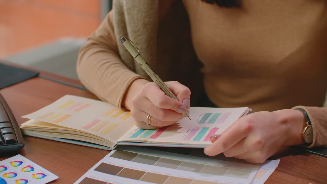 mujer trabajando con muestras de color para la selección. diseño de interiores y concepto de renovación - mujer trabajando con muestra de colores para la selección