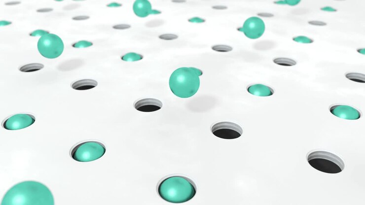 Abstract turquoise background 3D shapes balls flying in holes. 4K animation looping footage.