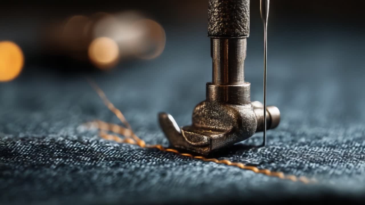 Primo piano dell'ago e del piedino di una macchina da cucire che eseguono una cucitura di precisione su tessuto denim, mostrando le complessità dell'artigianato e del design tessile.