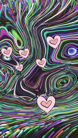 animation of pink hearts moving over stripes patterned background