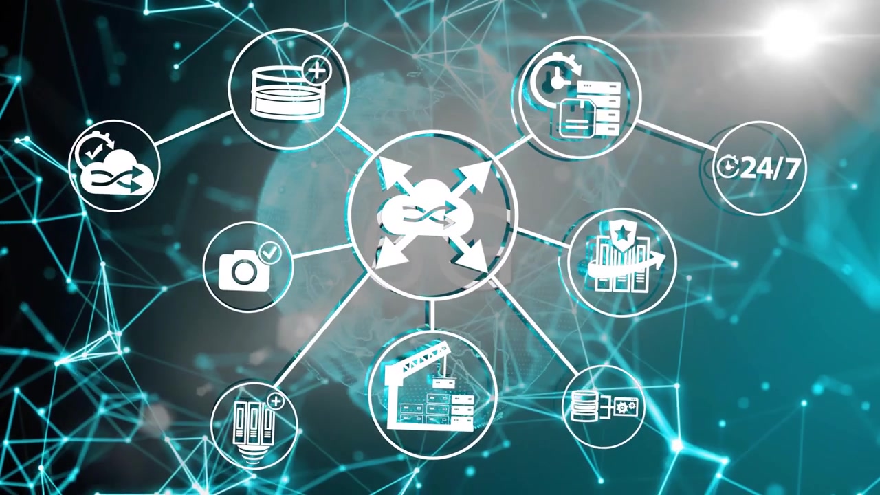 Un hub centrale appare e innesca una rete radiale che si espande verso l'esterno, collegando icone per mostrare una rete globale