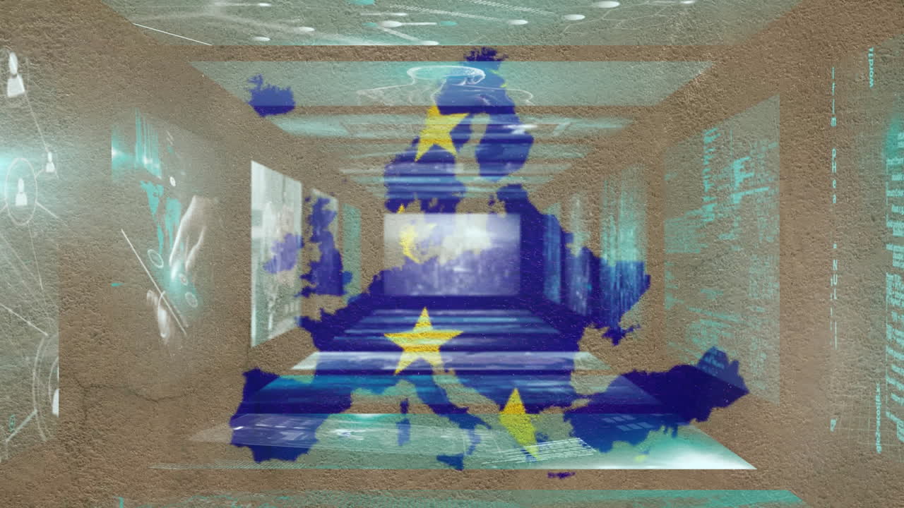 European Union map with stars over digital data processing animation