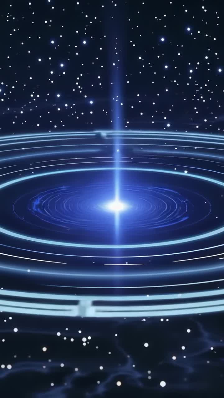 Vertical video: Igniting blue-white core beaming in cosmic void, forming neon rings, grid segments