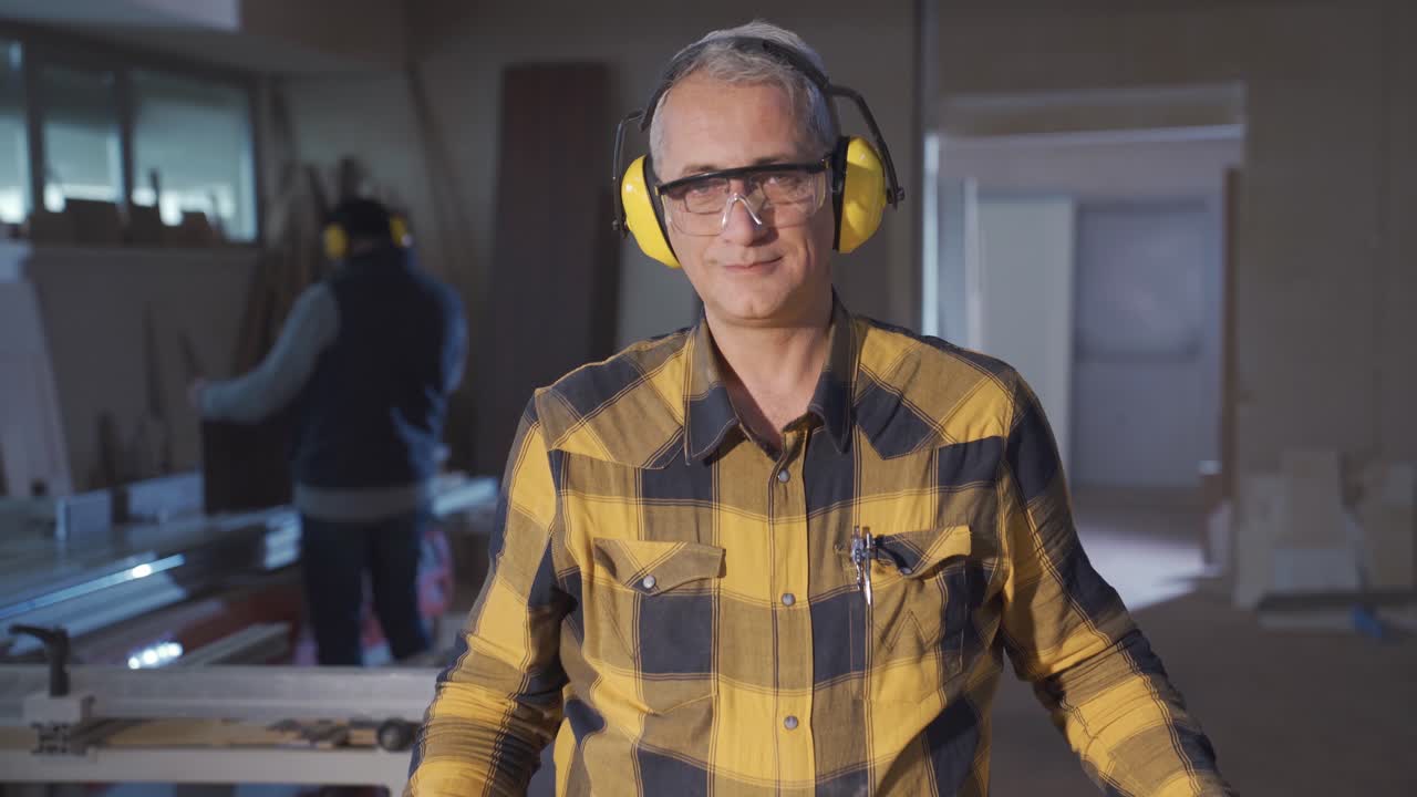 hombre carpintero hábil y experimentado mirando a la cámara.