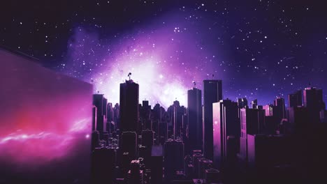 retro futuristic city flythrough seamless loop. 80s sci-fi landscape in space