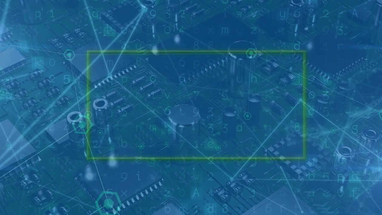 Animation von Linien, die Punkte mit einem Rechteck auf einer digitalen Benutzeroberfläche vor einer Leiterplatte verbinden.