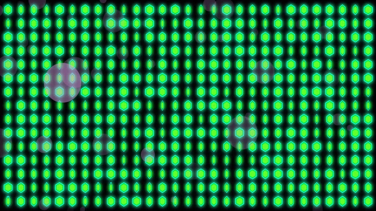 Animation of rows of green glowing light spots flickering over black background
