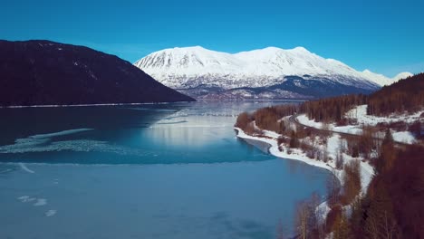 4k drone video of snow covered lakeside mountains in alaska during winter