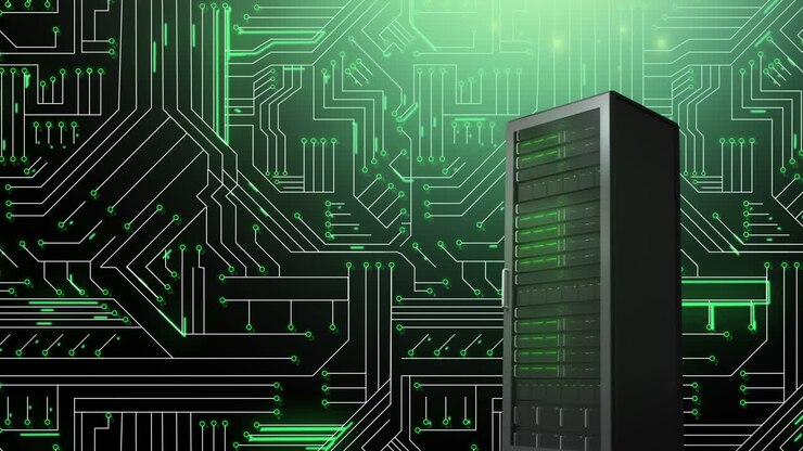 Mainframe computer and glowing green circuit board