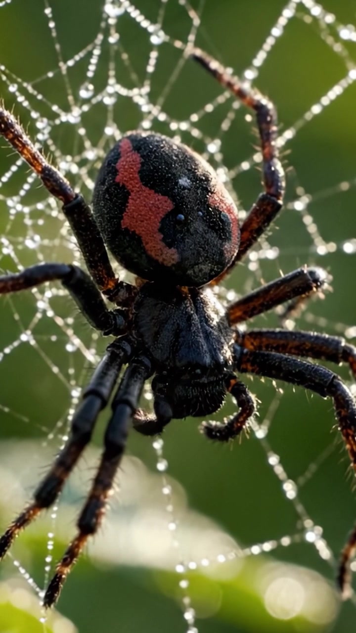En nærbildeutforskning av en fargerik edderkopp som ligger i sitt duggvåte spindelvev, som viser unike mønstre og intrikate detaljer under naturlig lys.