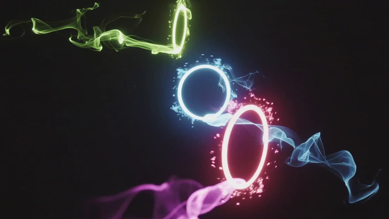 Advancing frame causing rings pulsing, weaving ribbons, sparks over dark void creating abstract art