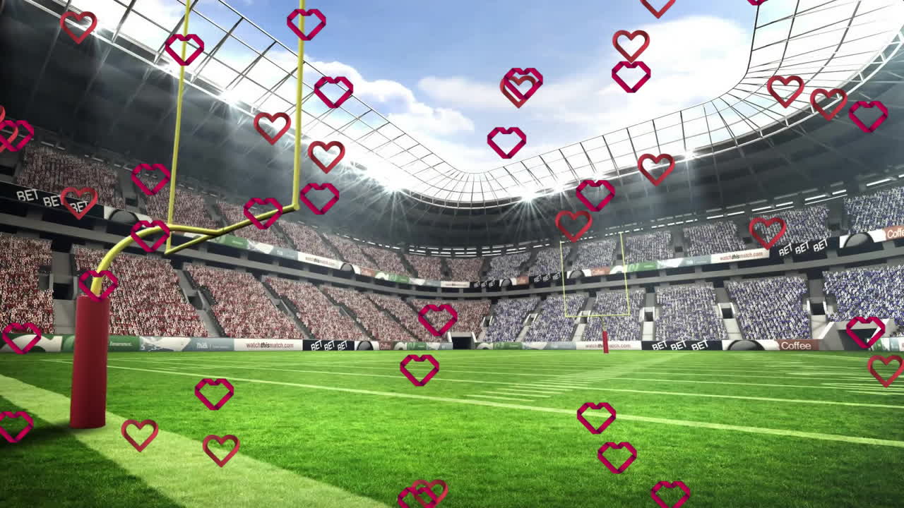 Heart animations floating over green grass on stadium field during event