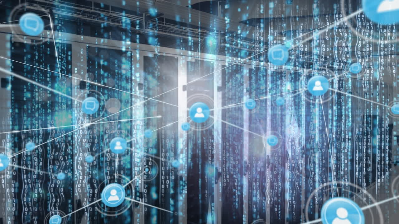 Animation of network of connections with icons and data processing over server room