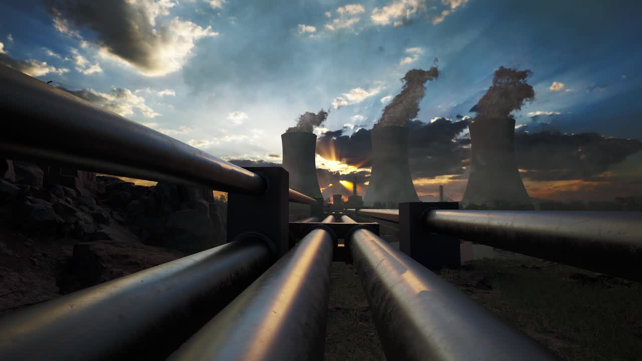 Tube With Steaming Cooling Towers Of Nuclear Power Plant