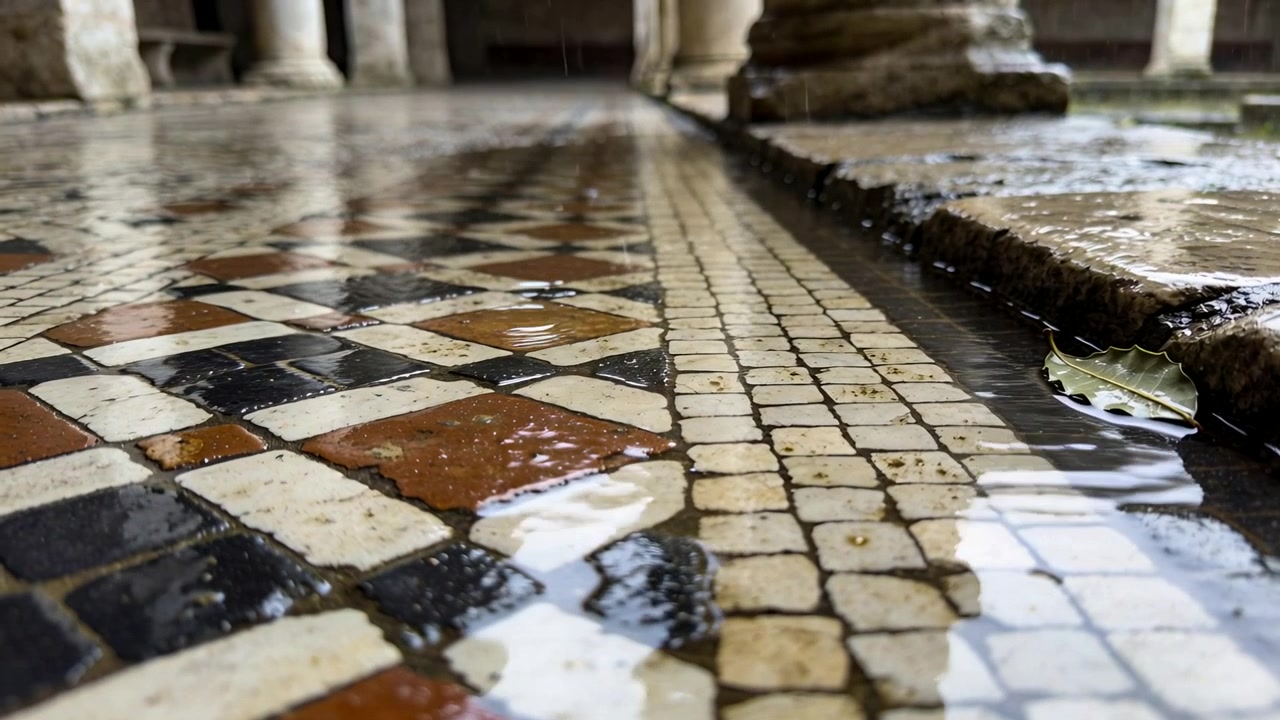 Fina lámina de agua fluyendo desde una abertura, empujando una hoja caída a lo largo de un suelo de mosaico estampado.