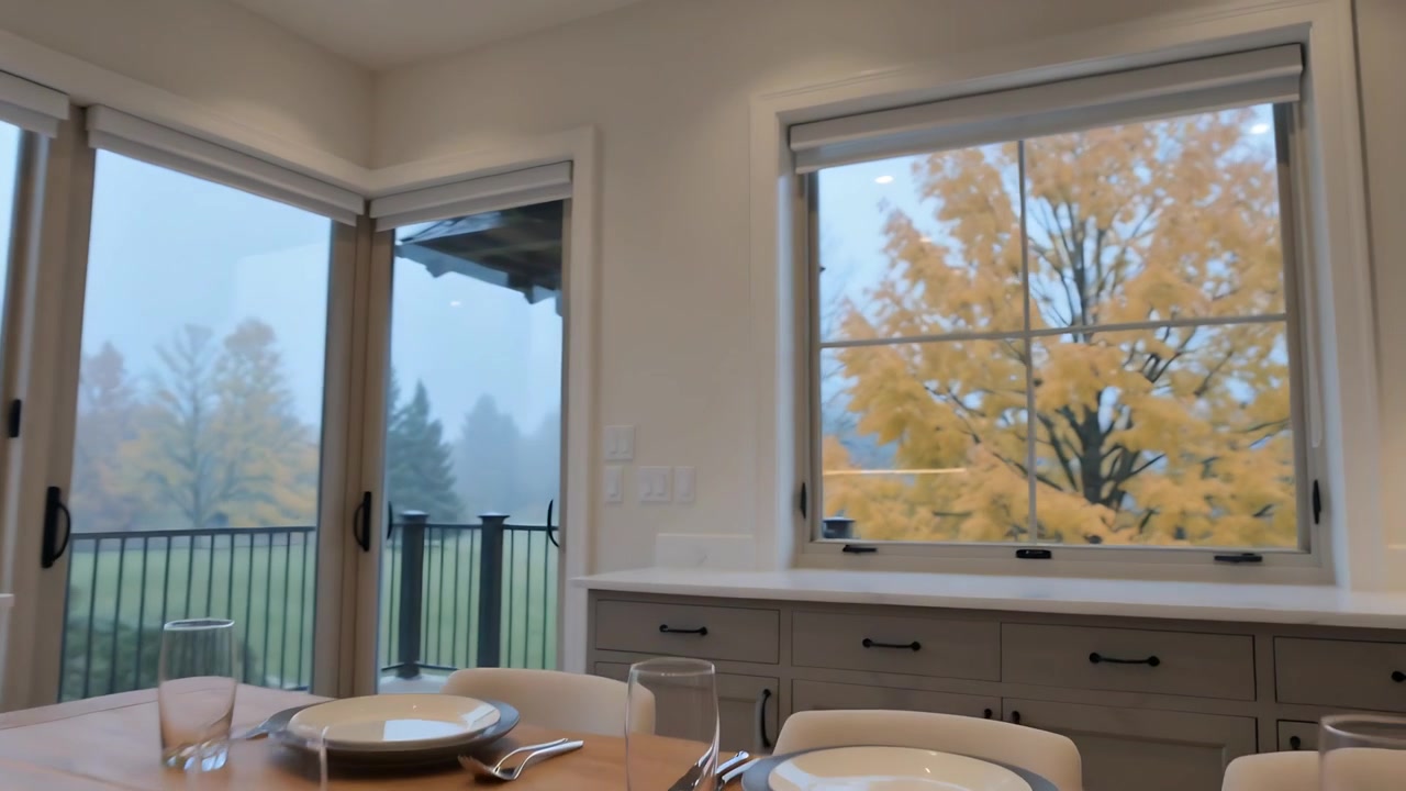 Starting camera panning across oak table in dining nook plates and cups, showing window yellow tree