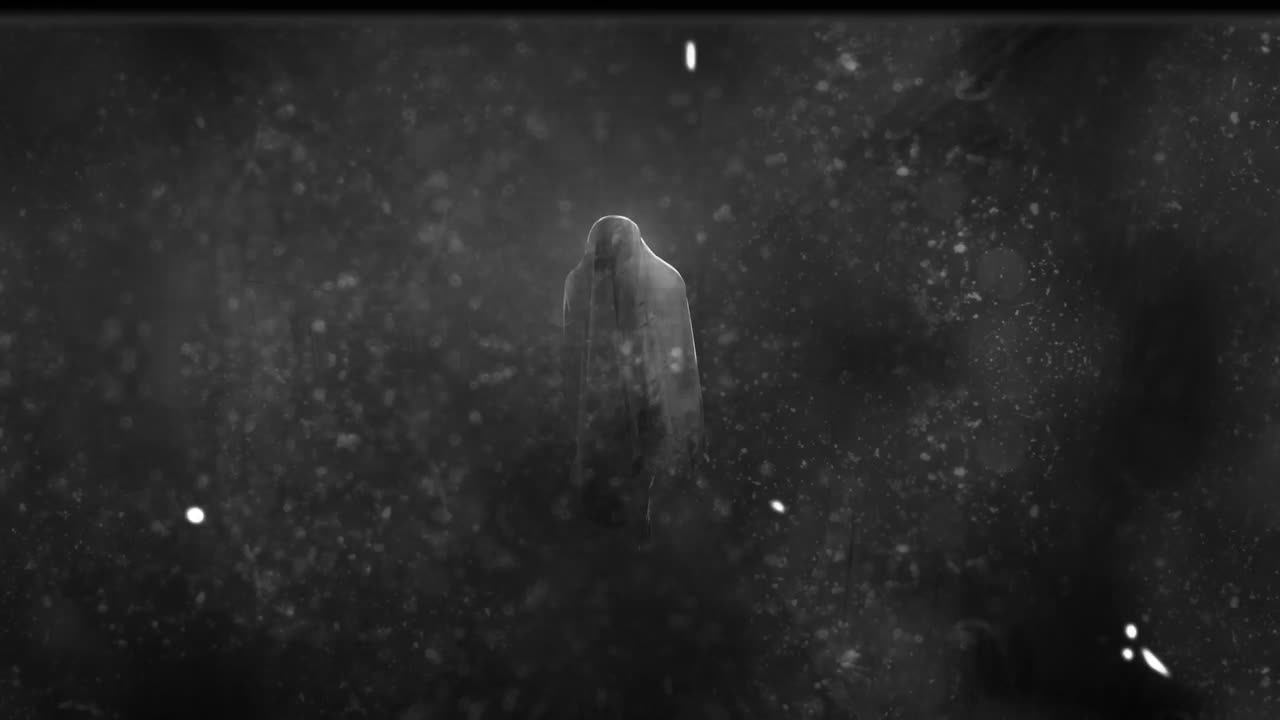 Animation of interference over ghost on black background at halloween