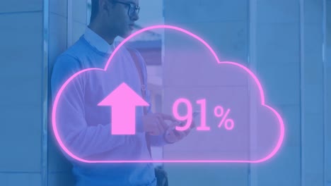 Animation-of-cloud-with-arrows-and-percent-going-up-over-biracial-man-using-smartphone