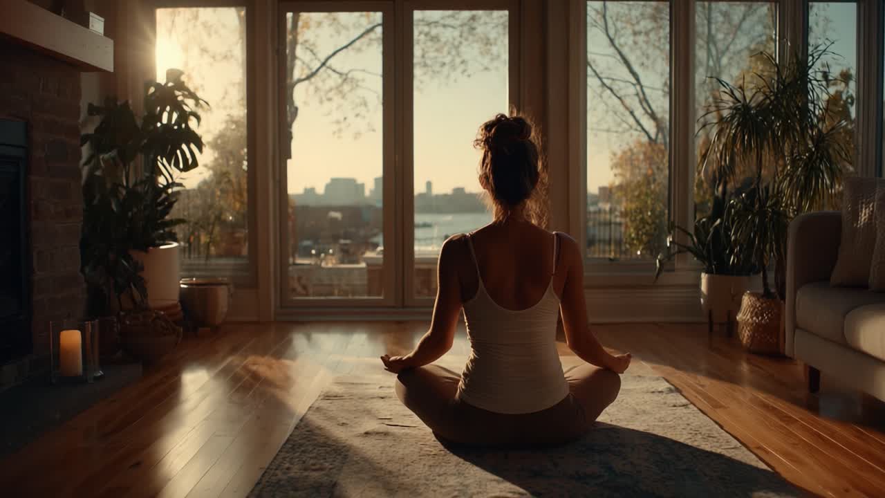Um Momento Calmo de Reflexão: Uma Pessoa Praticando Yoga em um Espaço Interno Sereno Enquanto Desfruta de uma Bela Vista do Pôr do Sol com Vista para um Corpo de Água