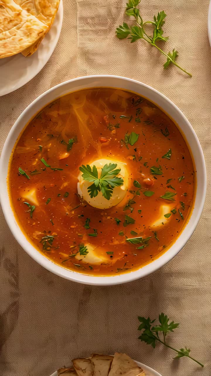 Pystyvideo: Perääntyvä kamera pöytäpinnalla paljastaa tomaattikeittoa kermalla ja litteää leipää.