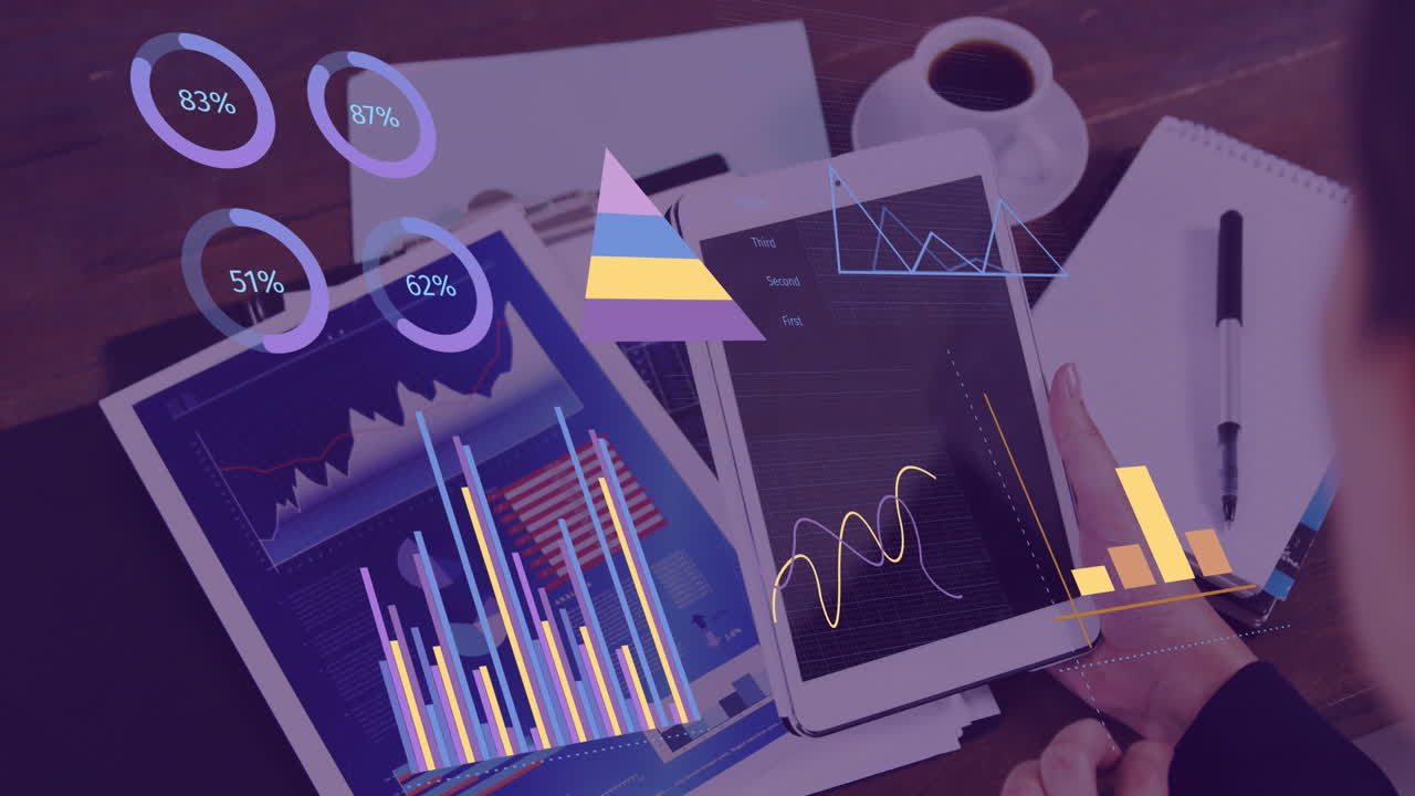 animación de estadísticas y procesamiento de datos financieros sobre mujer caucásica usando tableta.