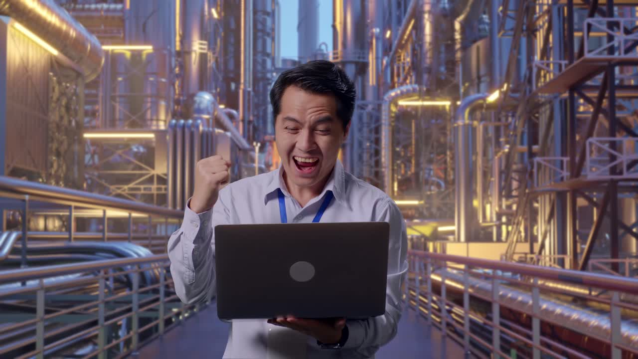Asian Male Professional Worker Standing With His Laptop At A Vast Oil Refinery, He Raises His Fist Up With Screaming Goal