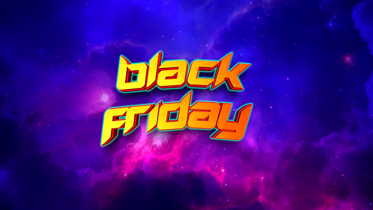 Testo retrò "Black Friday" in galassia con stelle e cielo viola
