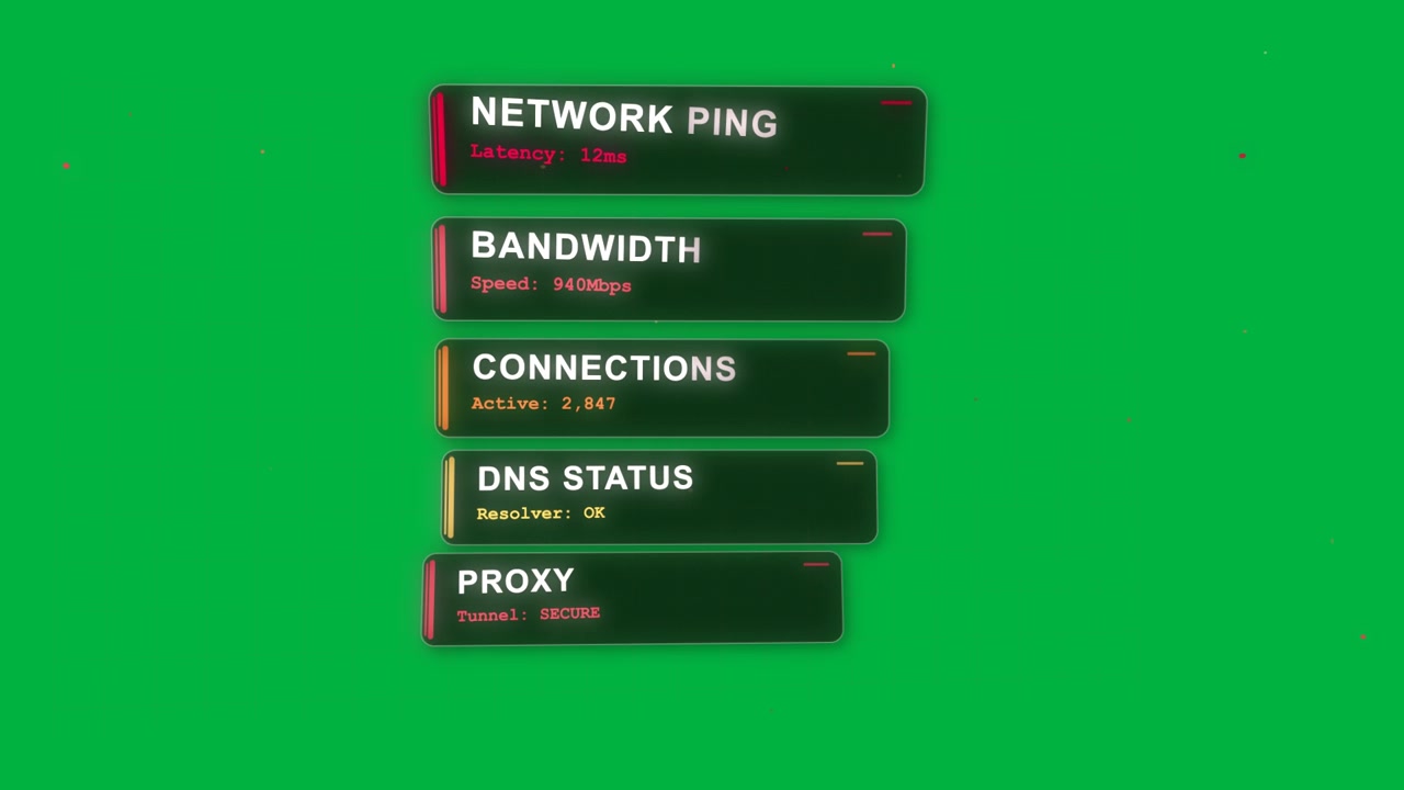 Pulsing network nodes starting HUD stack sliding in and settling, highlighting live network status