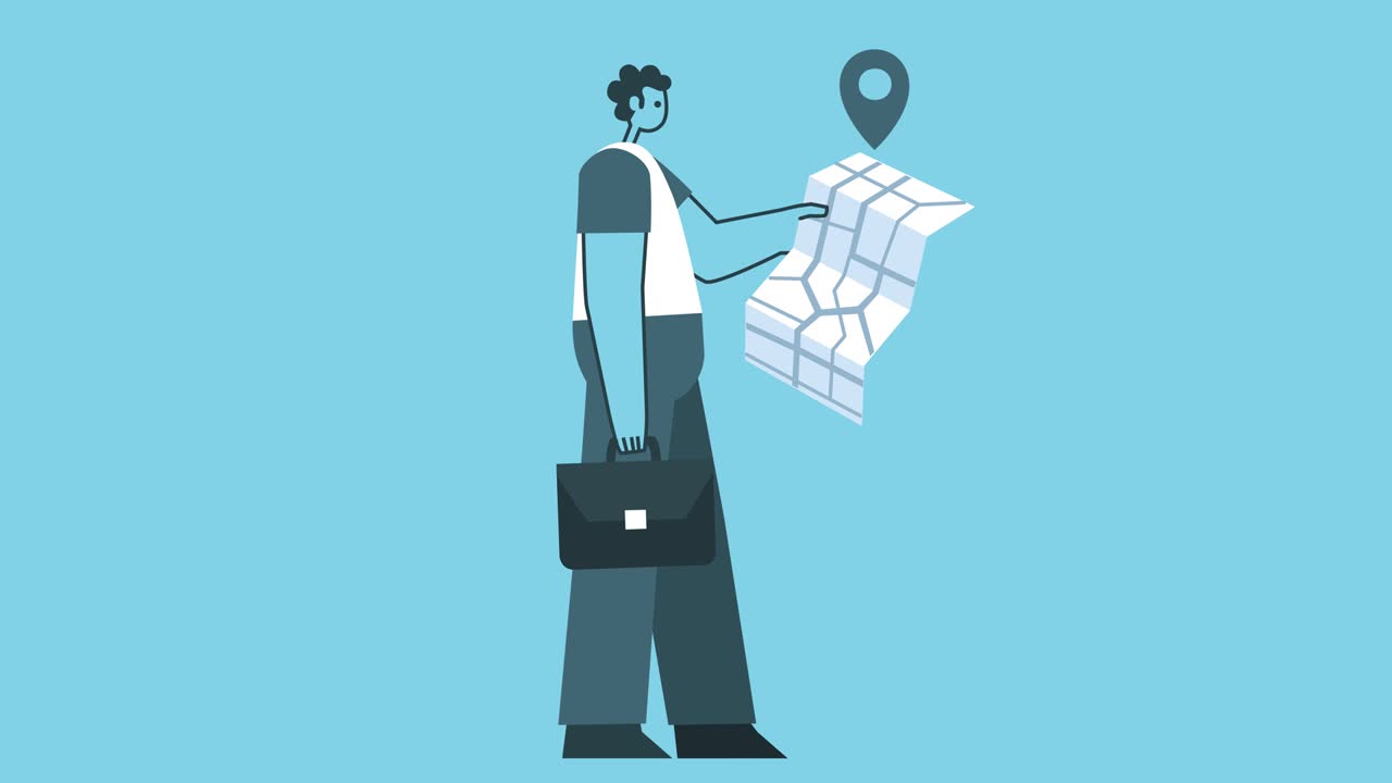 Businessman with briefcase walking cycle with GPS Map. Flat Design Man Cartoon Character Isolated Loop 2d Animation