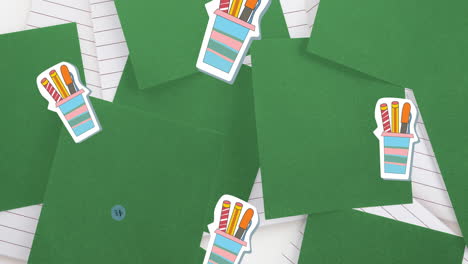 animación de texto de regreso a la escuela y iconos de artículos escolares que se mueven sobre un fondo blanco